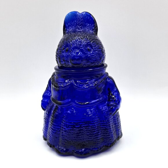 Vintage Cobalt Blue Glass Mama Bunny Rabbit In Dress Jar Holds Candy Small Items - Picture 1 of 10